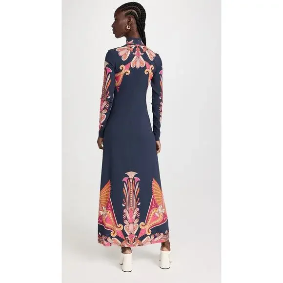 LA DOUBLEJ Navy Paisley Gold Pendant High Neck A-Line Halle Dress Size XS - Picture 2 of 16